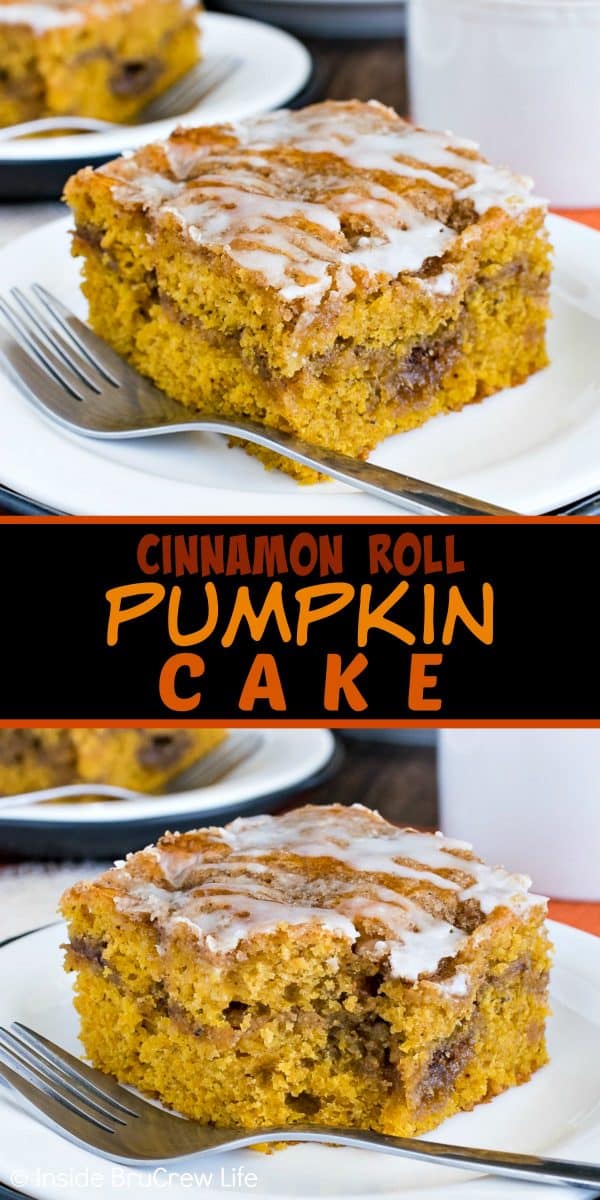 Cinnamon Roll Pumpkin Cake - pockets of cinnamon sugar make this easy coffee cake the best breakfast. Try this recipe for fall breakfasts or brunch and watch it disappear! #pumpkin #breakfast #coffeecake #cinnamonroll #brunch #fall #recipe