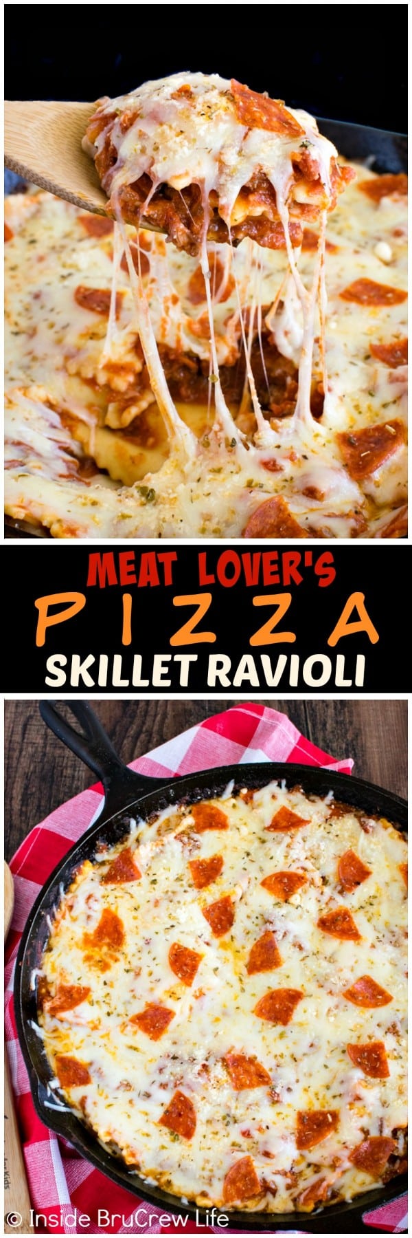 Meat Lover's Pizza Skillet Ravioli - melted cheese & three kinds of meat make this pasta dish a hit at the dinner table. Great recipe for busy nights!