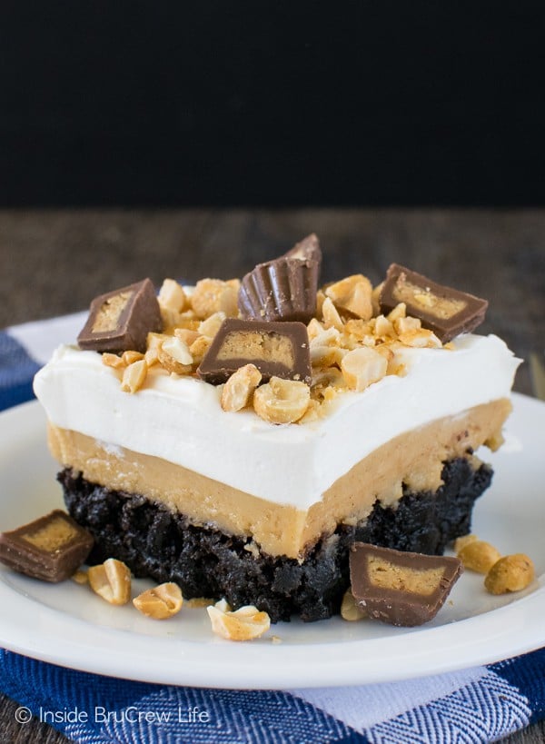 Sweet layers of pudding and peanut butter make this Peanut Butter Brownie Dessert a favorite. Great dessert recipe!