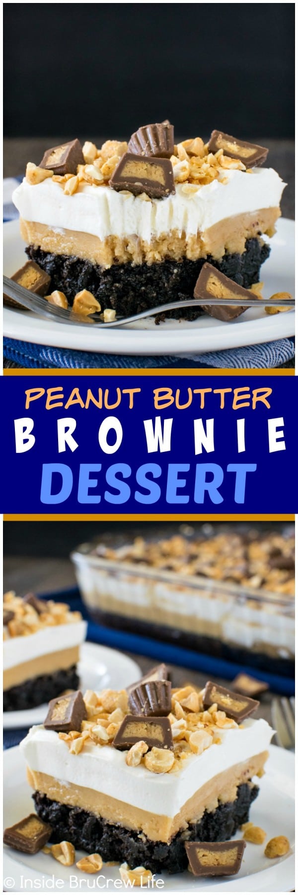 Peanut Butter Brownie Dessert - creamy layers of peanut butter & pudding make this brownie a favorite treat. Great dessert recipe for parties & picnics!