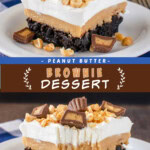 Two pictures of a peanut butter brownie dessert collaged with a brown text box.