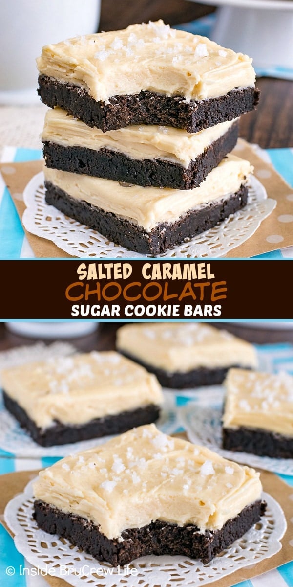 Two pictures of salted caramel chocolate sugar cookie bars collaged together with a brown text box