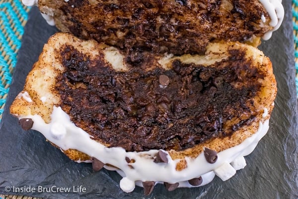 A slice of gooey s'mores pull apart bread facing up showing all the chocolate inside