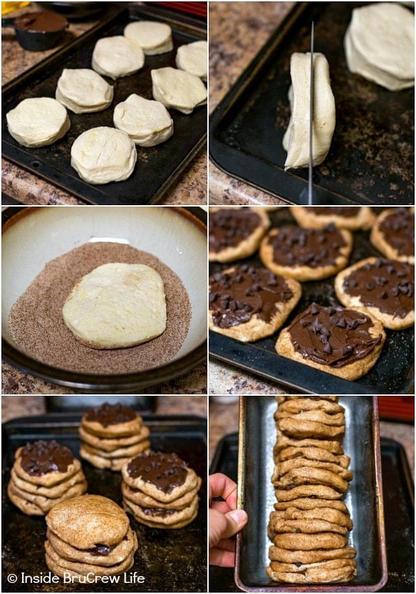 A collage of six pictures showing how to make gooey s'mores pull apart bread