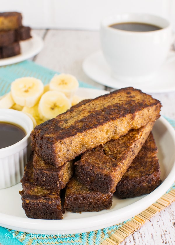 Dip your favorite banana bread in eggs to make these fun Banana Bread French Toast Sticks for breakfast!