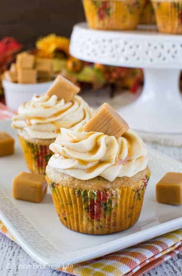 Banana Caramel Cupcakes - three times the caramel goodness gives these easy banana cupcakes a sweet flair. Great dessert recipe!
