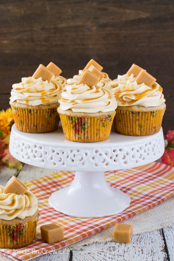 Banana Caramel Cupcakes - three times the caramel makes these easy cupcakes a fun treat. Great dessert recipe!