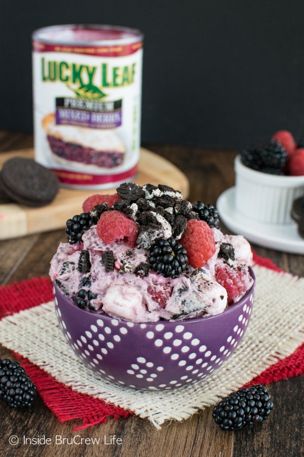 Cookie chunks and pie filling make this Berry Cookies and Cream Fluff Salad a fun picnic recipe!
