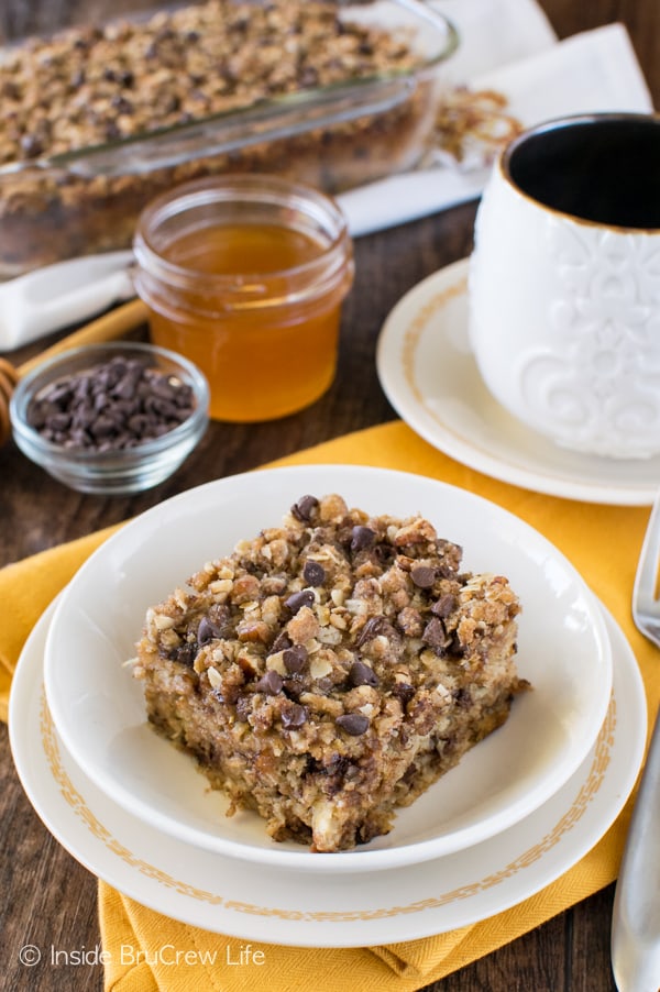 Try this Chocolate Chip Banana Streusel Baked Oatmeal for breakfast the next time you have ripe bananas. Great recipe that is delicious warm or cold!