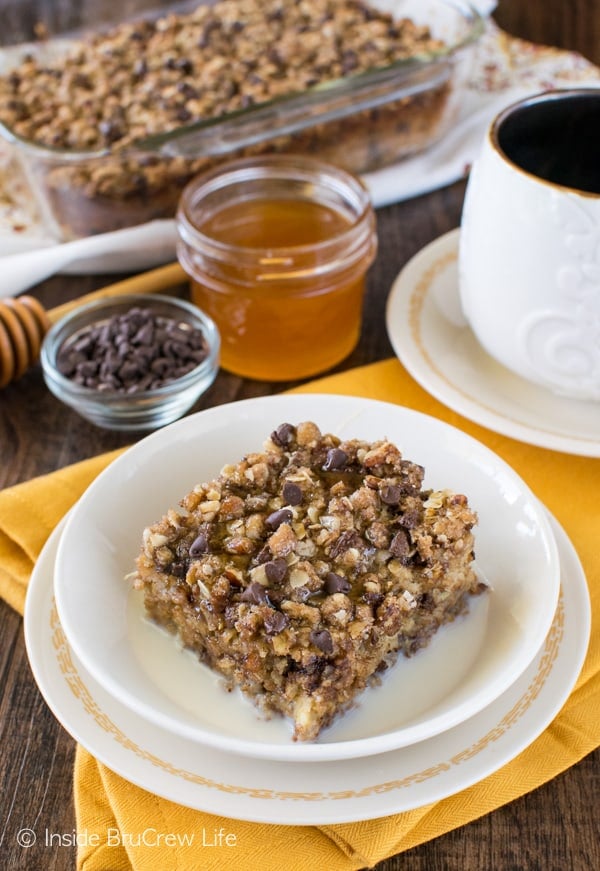 This easy Chocolate Chip Banana Streusel Baked Oatmeal is a great breakfast recipe to enjoy in the morning. Try it drizzled with milk and honey!