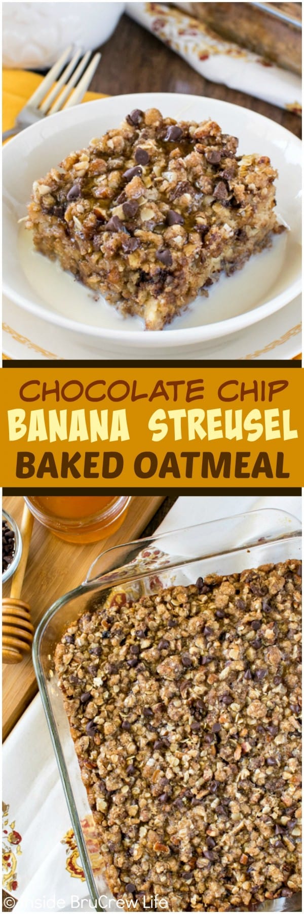 Chocolate Chip Banana Streusel Baked Oatmeal - oats, banana, and chocolate in this this warm breakfast recipe will keep you going in the morning. Try it warm with milk and honey!