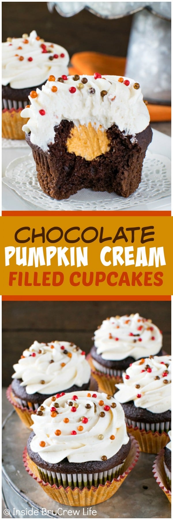 Chocolate Pumpkin Cream Filled Cupcakes - a hidden pumpkin cream center makes these chocolate cupcakes a fun recipe to share at fall parties