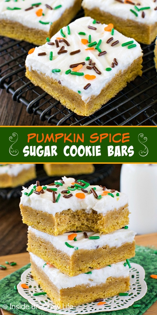 Two pictures of pumpkin spice sugar cookie bars collaged together with a green text box