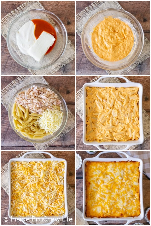 6 pictures collaged together showing how to make buffalo pasta.