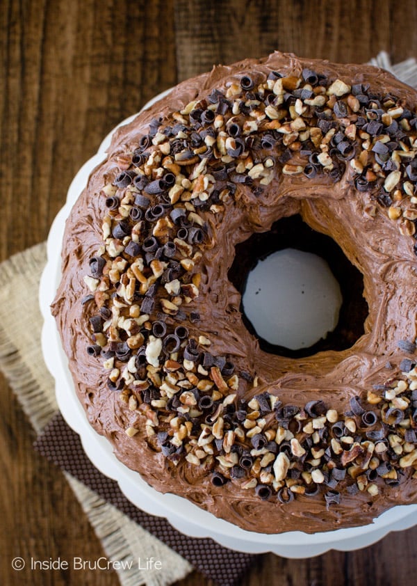 Chocolate and pecans are an easy way to decorate this Chocolate Pumpkin Cheesecake Bundt Cake. Great dessert recipe!