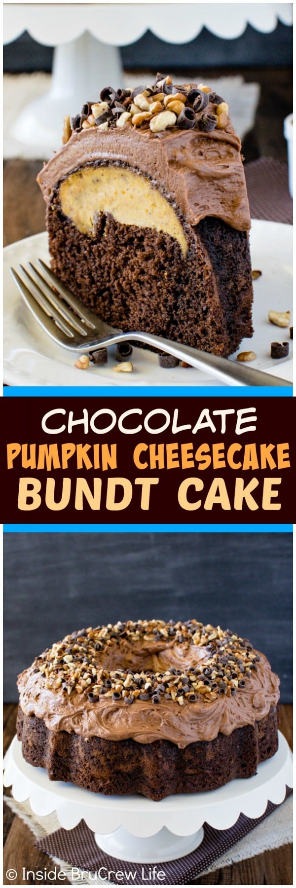 Chocolate Pumpkin Cheesecake Bundt Cake - creamy frosting, nuts, and cheesecake make this a fun fall treat. Great dessert recipe!