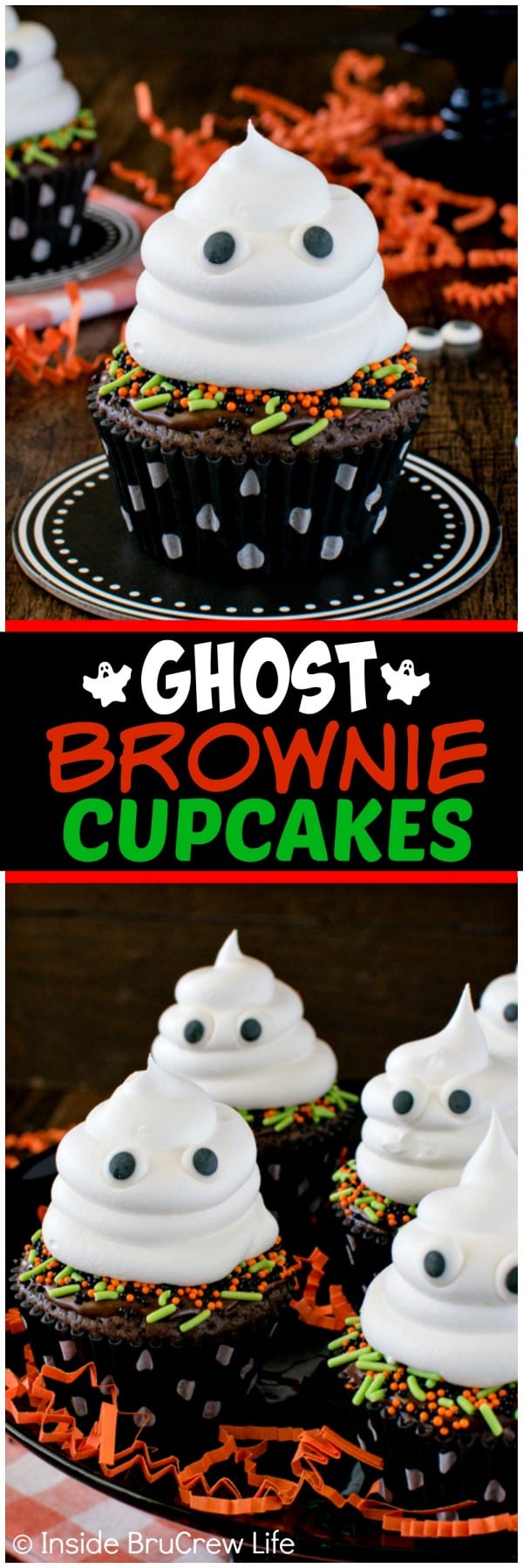 Ghost Brownie Cupcakes - chocolate, sprinkles, and a friendly ghost swirl makes these a fun Halloween treat. Easy recipe for parties!