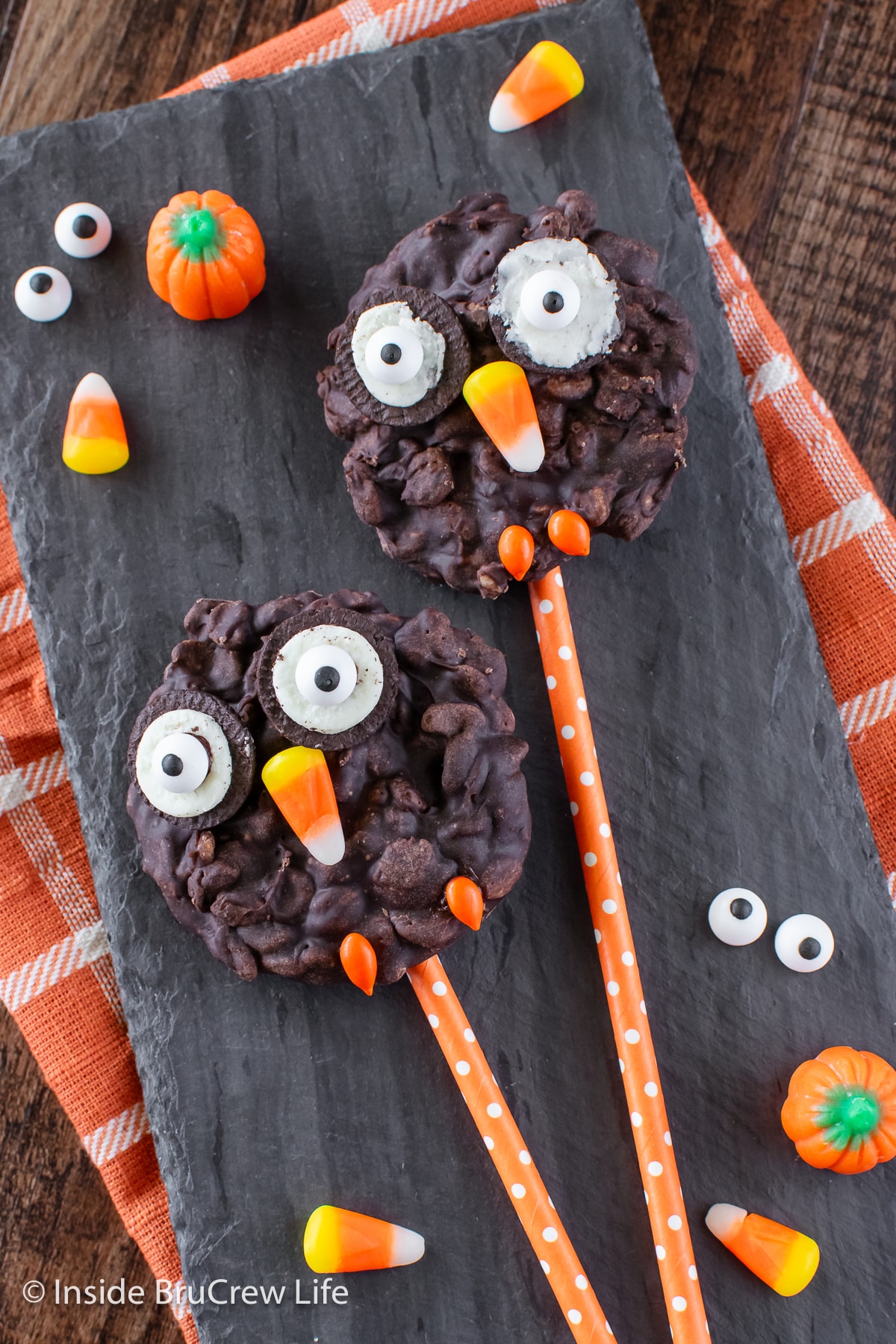 Two owl cookies on straws on a black tray.