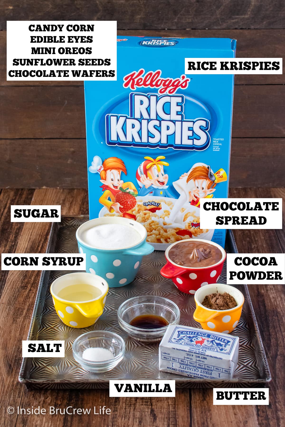 Ingredients needed to make no bake rice krispie cookies.