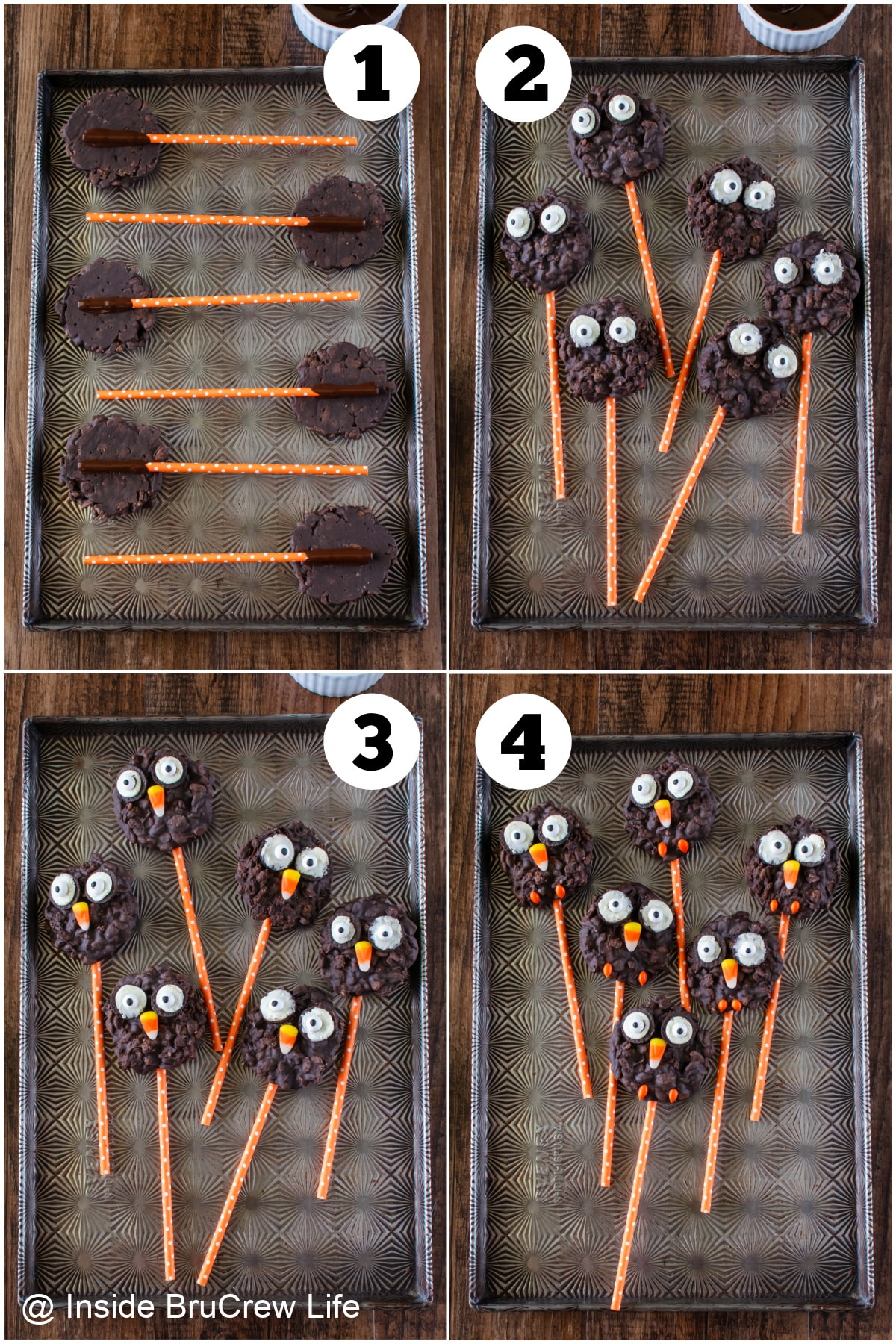 Four pictures showing how to decorate no bake cookies as owls.