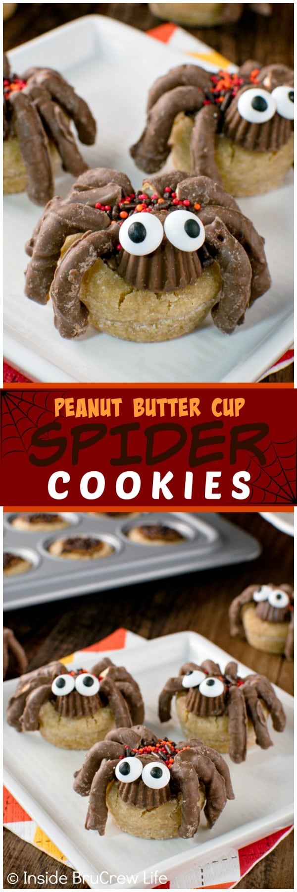 Two pictures of peanut butter cup spider cookies collaged together with a red text box