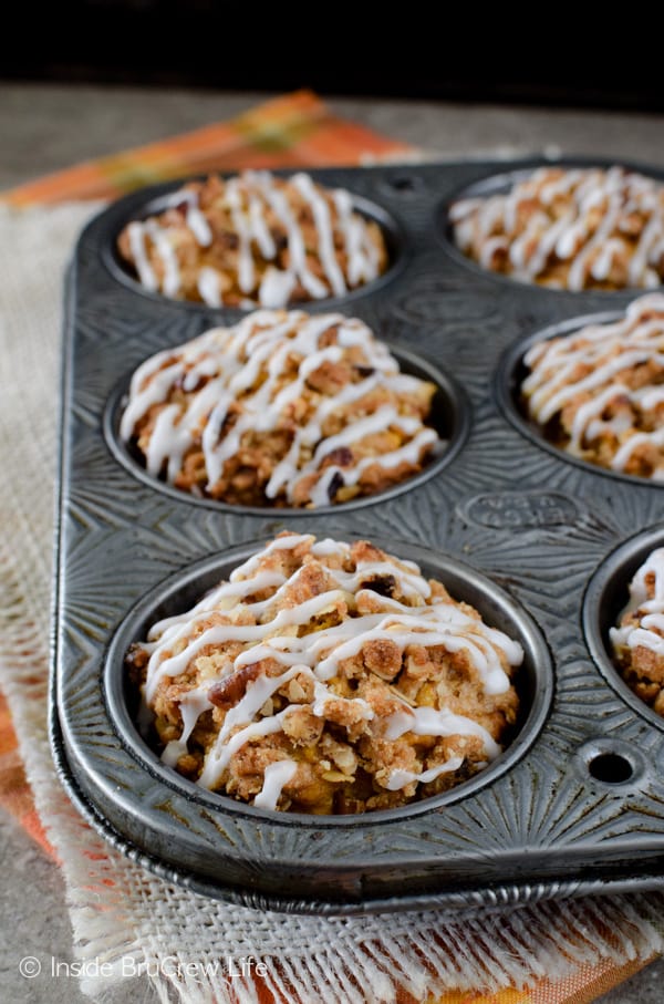A crunchy topping and sweet glaze makes this soft Pumpkin Banana Streusel Muffins irresistible. Great breakfast recipe for fall mornings!