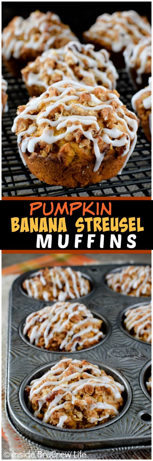 Pumpkin Banana Streusel Muffins - a crunchy topping and sweet glaze makes this soft muffins irresistible. Great breakfast recipe for fall mornings!