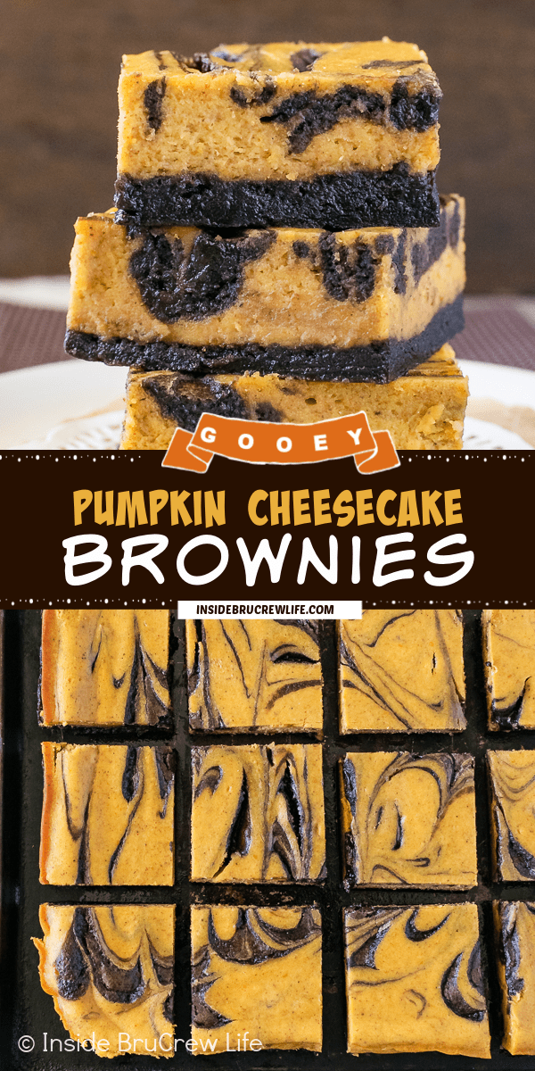 Two pictures of pumpkin cheesecake brownies collaged together with a dark brown text box.