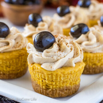 A white plate with pumpkin spice latte cheesecake bites on it