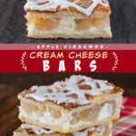 Two pictures of cream cheese bars with apples with a red text box.