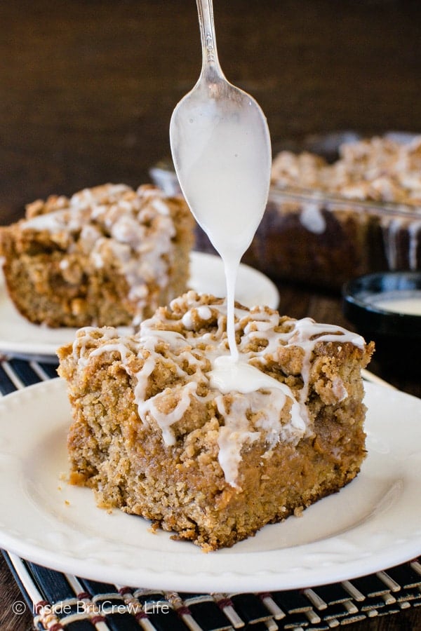 Extra glaze and crumbs make this Banana Caramel Coffee Cake disappear in a hurry! Great breakfast or dessert recipe!