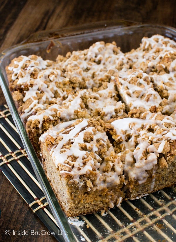 Crumbles & glaze give this Banana Caramel Coffee Cake an amazing texture and flavor. Awesome breakfast or dessert recipe!