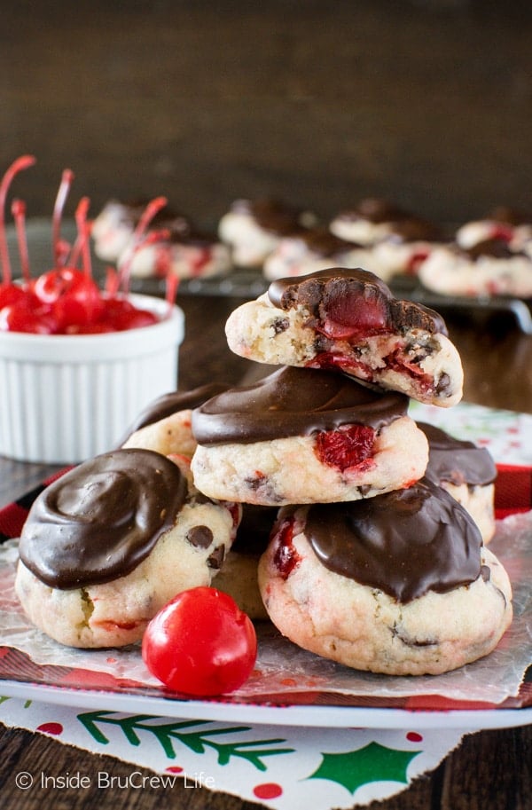 A hidden cherry with chocolate on top adds a fun surprise to these easy Chocolate Chip Cherry Cookies. Great recipe for holiday cookie trays!