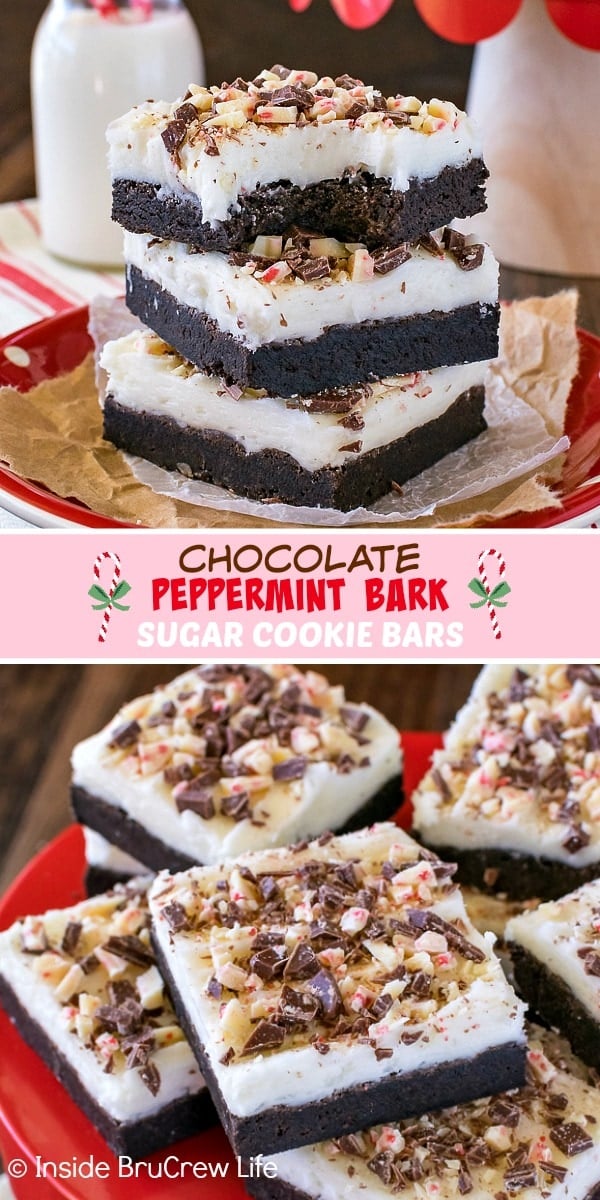 Two pictures of chocolate peppermint bark sugar cookie bars collaged together with a pink text box