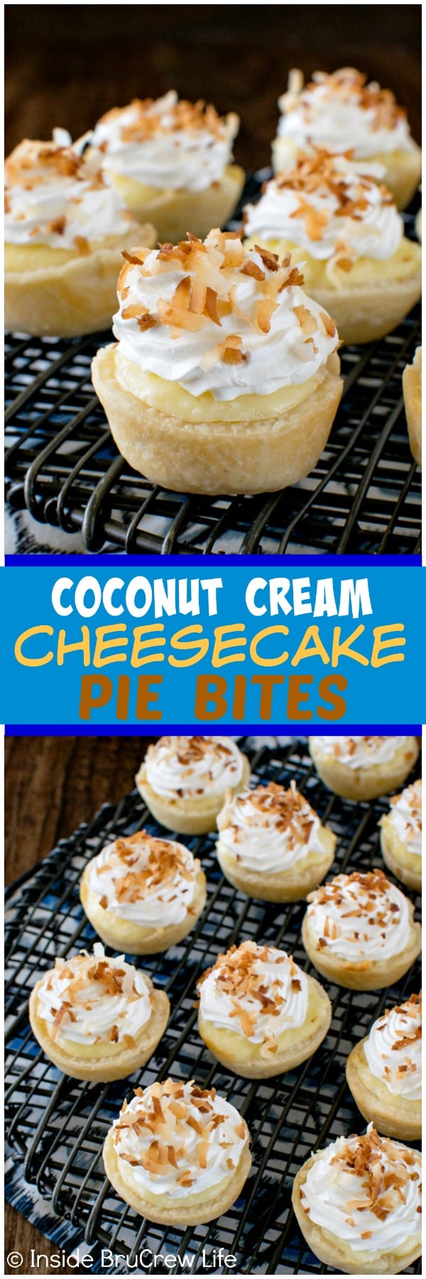 Coconut Cream Cheesecake Pie Bites - these easy mini pies are packed with creamy coconut goodness. Great dessert recipe for fall dinner parties!