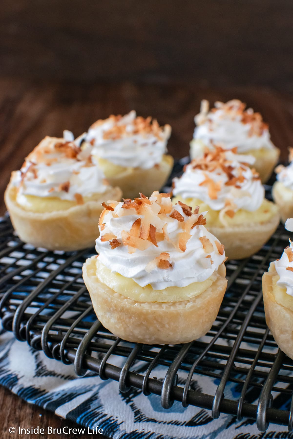 Little cheesecake pies topped with Cool Whip and toasted coconut.