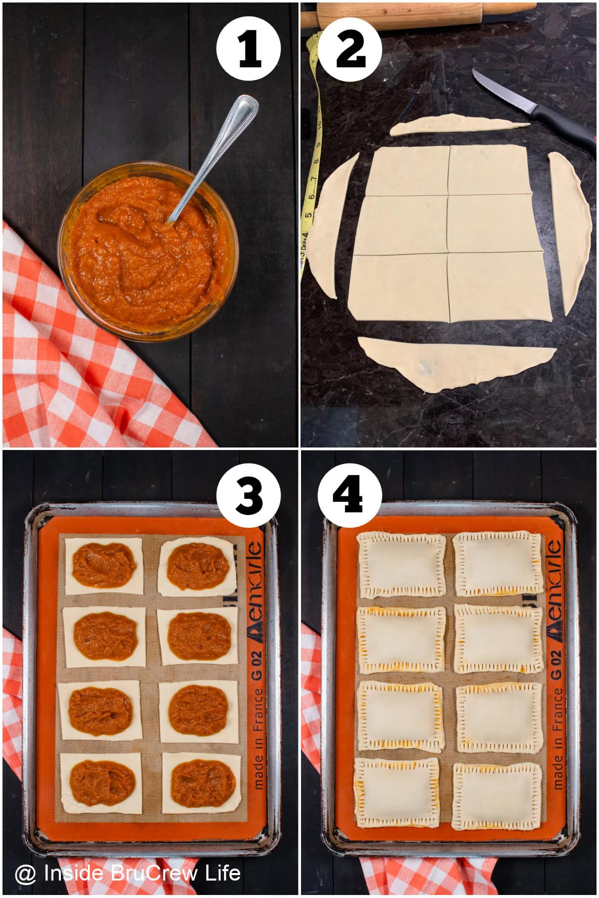 Four pictures collaged together showing how to make pop tarts from pie crust.