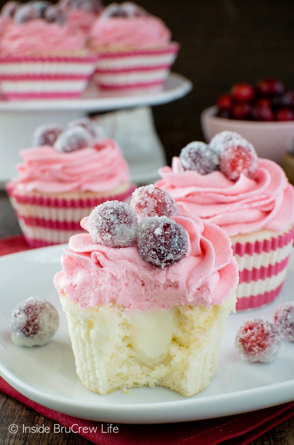 Sparkling Cranberry White Chocolate Cupcakes - fresh berry frosting and a creamy center make these a fun recipe for the holidays.