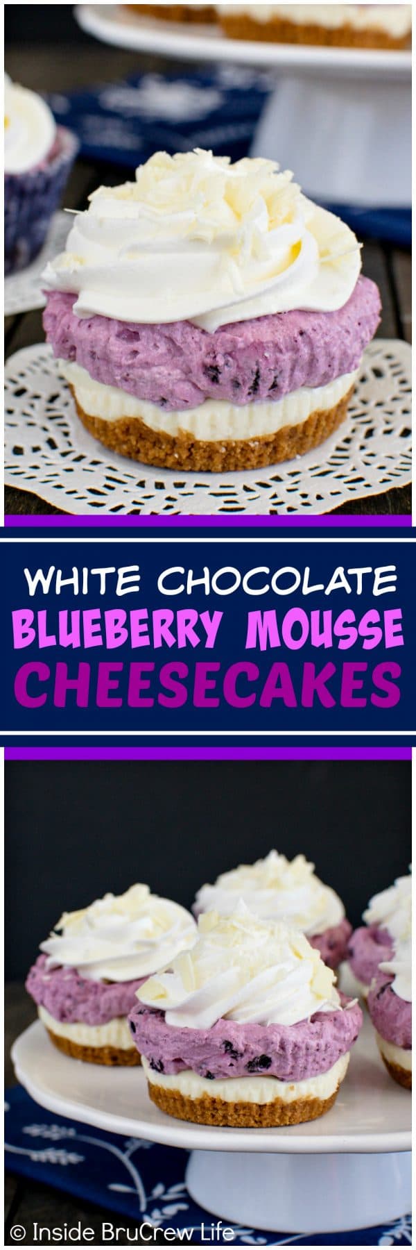 White Chocolate Blueberry Mousse Cheesecakes - layers of crunchy cookies, creamy cheesecake, & fluffy mousse create a fun no bake dessert that everyone will love. Great recipe for holiday parties!