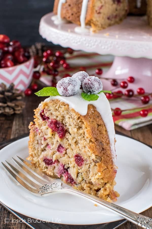 Apple Cranberry Bundt Cake - a sweet glaze & cranberries add a fun festive flair to this easy apple cake. Great recipe for holiday parties!