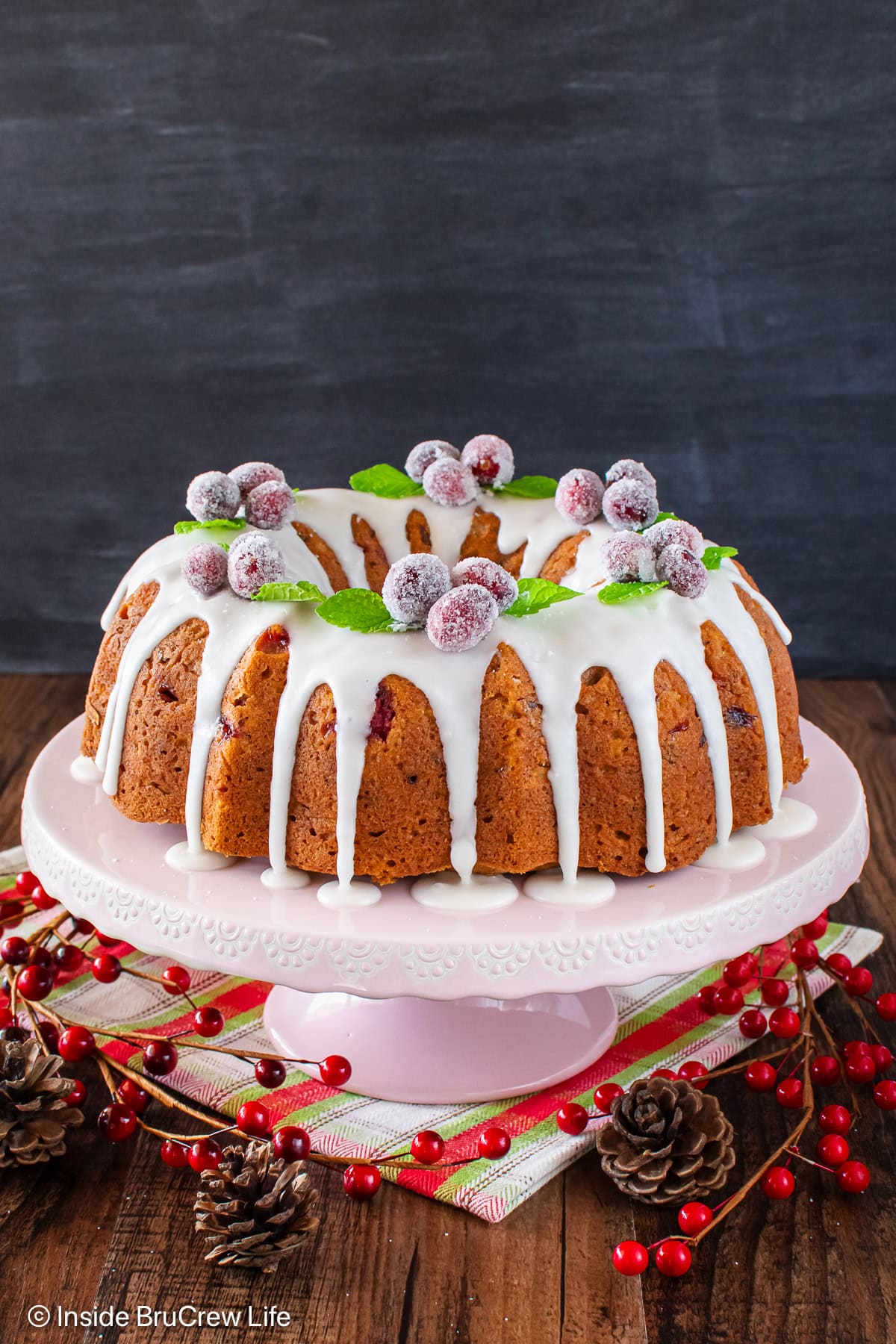 A glazed bundt cake on a cake plate topped with sparkling cranberries.