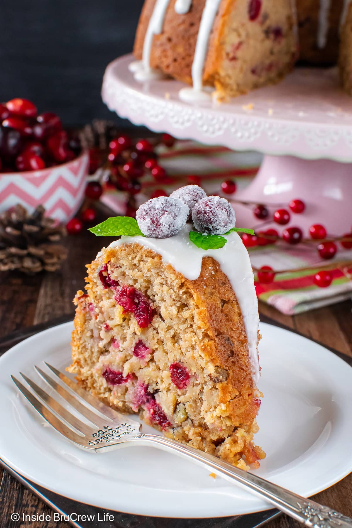 A slice of apple cranberry cake on a white plate.