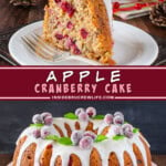 Two pictures of apple cranberry bundt cake collaged with a burgundy text box.