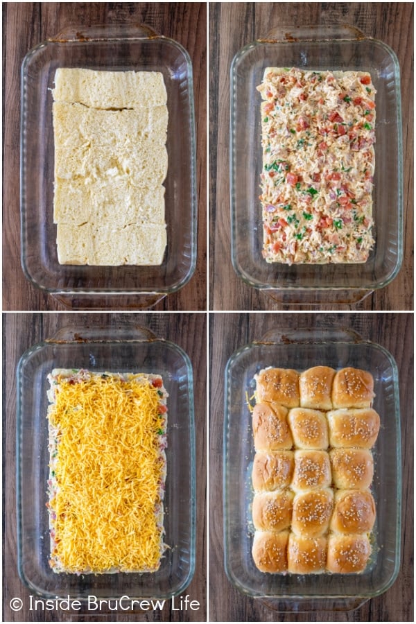 Four pictures collaged together showing how to put together cheesy chicken sliders.