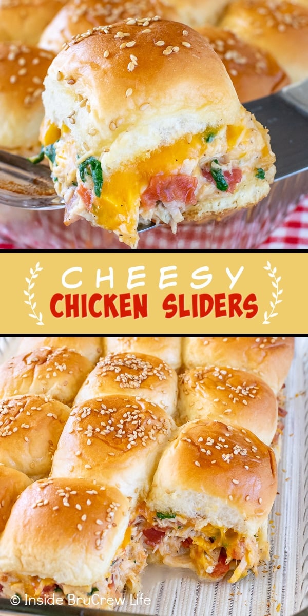 Two pictures of Cheesy Chicken Sliders collaged together with a yellow text box