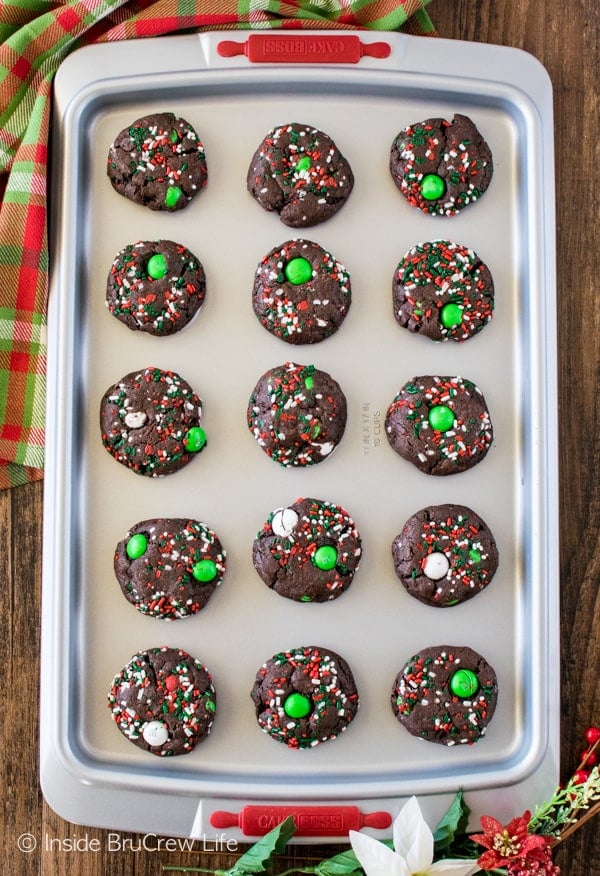 On overhead picture of a pan of cooked Chocolate Mint Pudding Cookies.