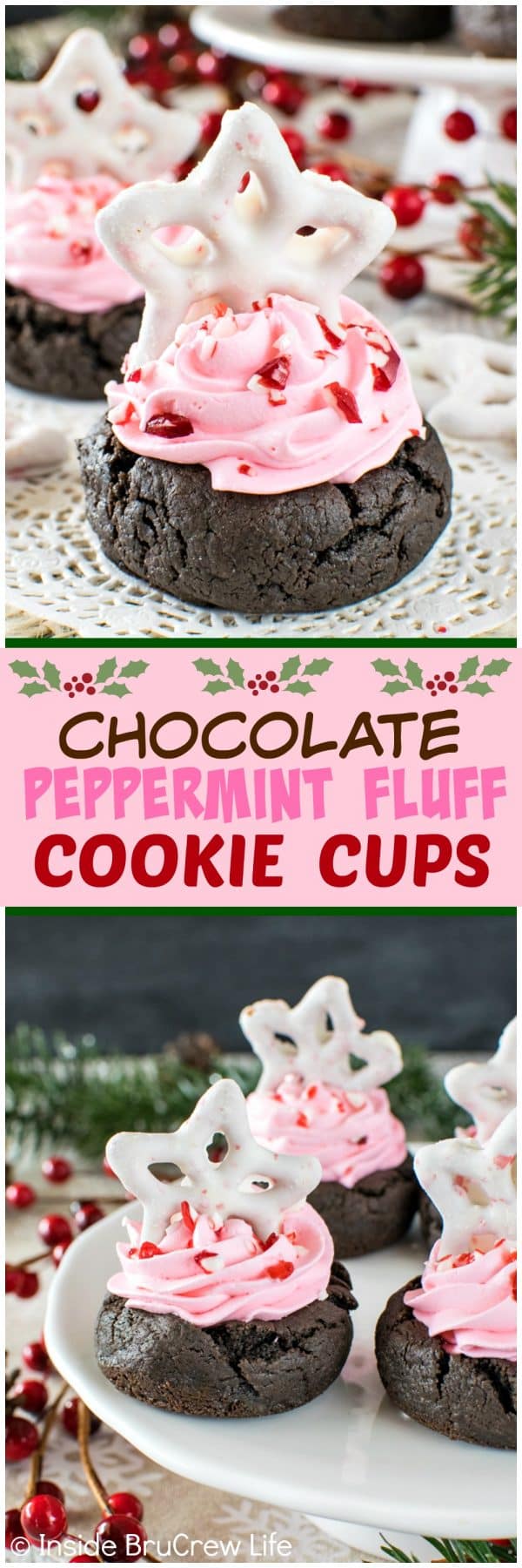 Chocolate Peppermint Fluff Cookie Cups - swirls of creamy pink filling and candy cane bits make these easy cookies a fun treat. Great dessert recipe for holiday parties!