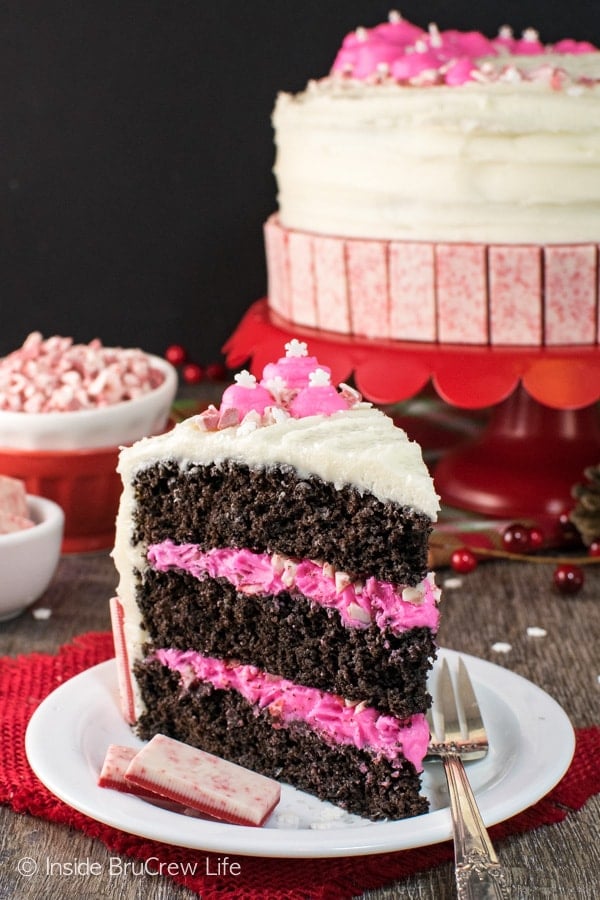 Chocolate Peppermint Layer Cake - homemade cake, frosting, candies, & sprinkles give this cake a fun flair. Great recipe for holiday parties.