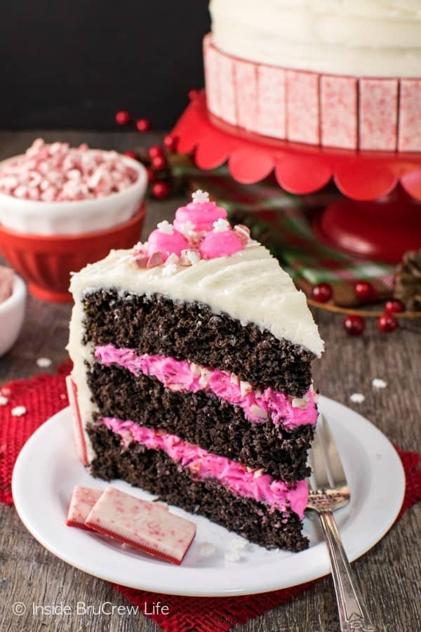 Chocolate Peppermint Layer Cake - homemade cake with layers of peppermint frosting, candies, & sprinkles makes a fun holiday cake. Great recipe for parties!