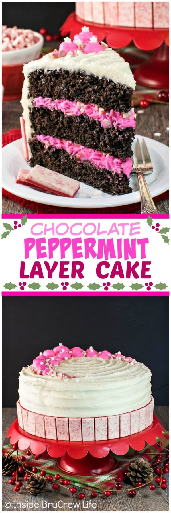 Chocolate Peppermint Layer Cake - candies, peppermint frosting, & sprinkles add a fun flair to this homemade cake. Great recipe for holiday parties.